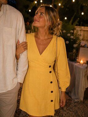 Lulus Yellow Wrap Style Mini Dress Puff Sleeve Tie Back Size Small NWT